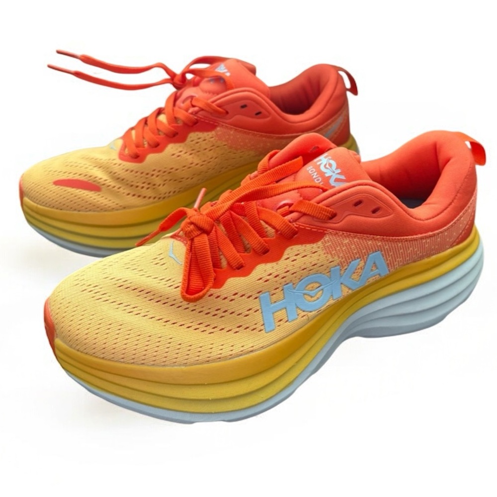 Hoka Bondi 8 Vibrant Orange and Yellow Sneakers